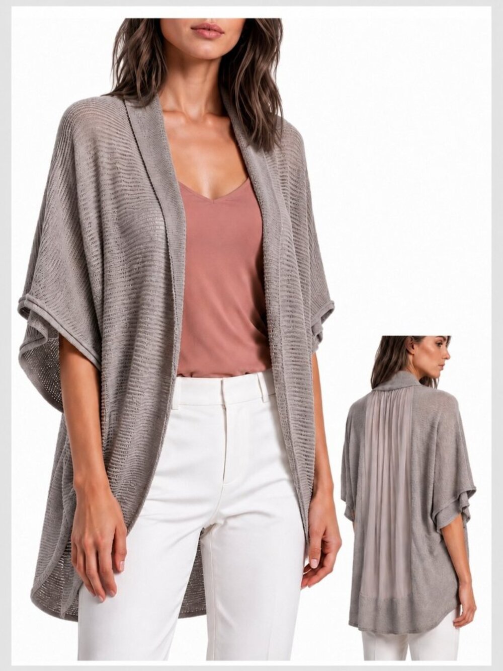 Alice + Olivia Open Front Cardigan Taupe Grey Beige Silk Back Panel M